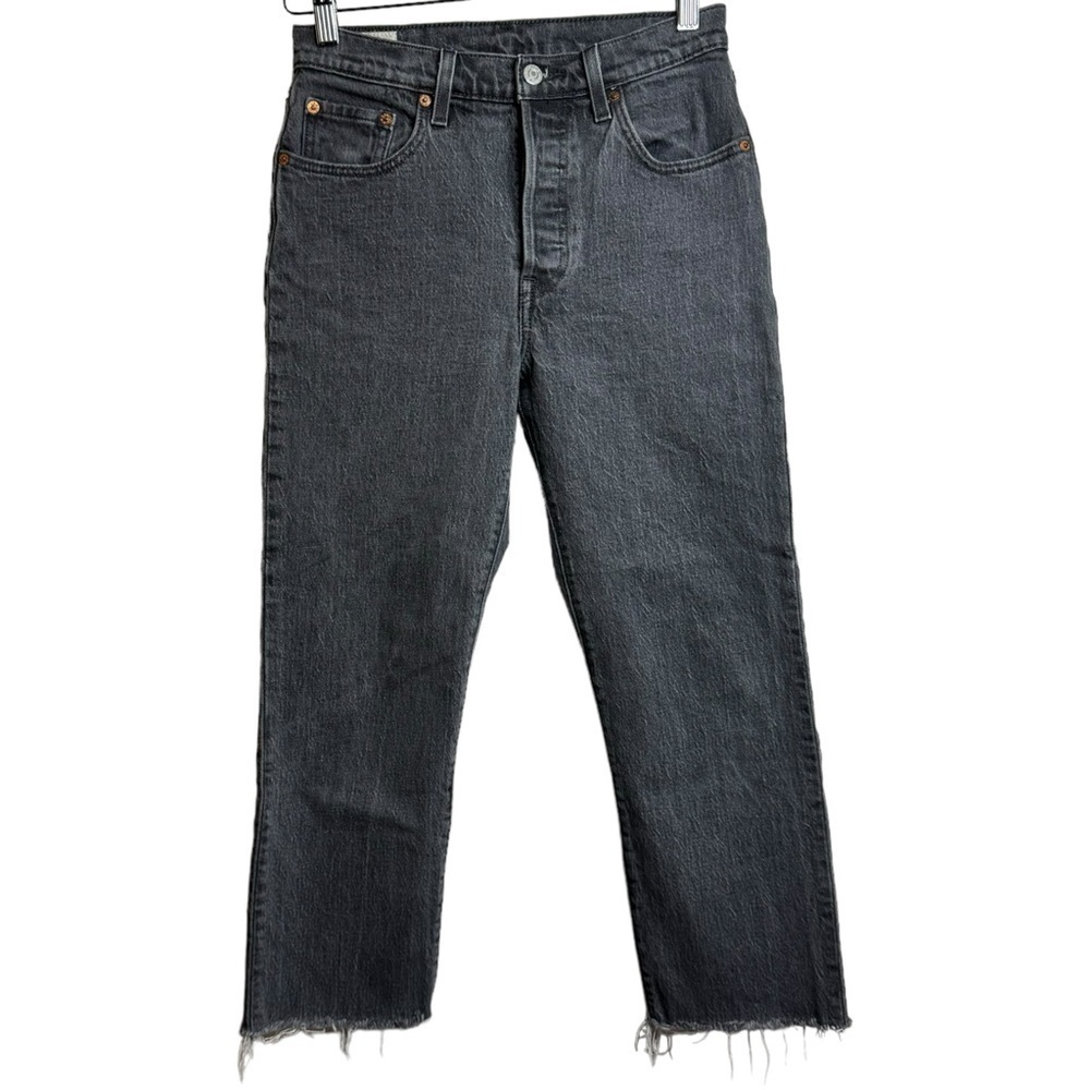 Levis 501 High Rise Straight Leg Faded Black Denim Raw Cut Off Hem Jeans 25